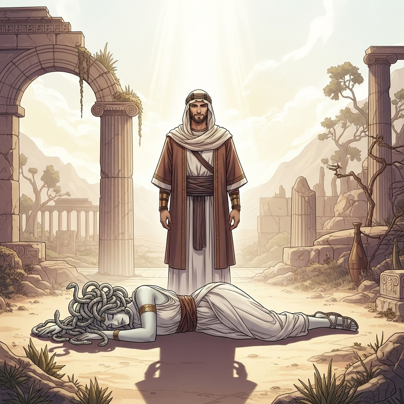 Medusa Surrendering to Jesus - Symbolic Mythological Scene Medusa Surrendering to Jesus - Symbolic Mythological Scene