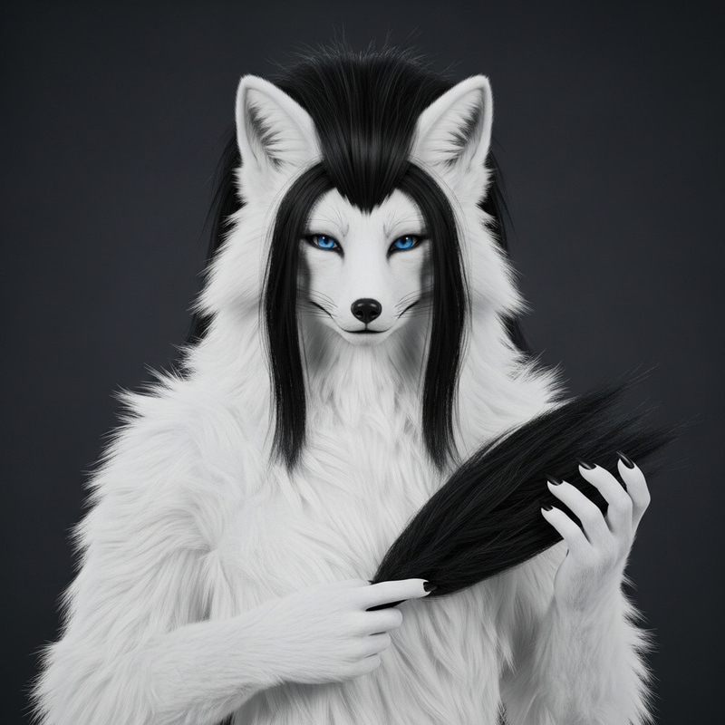 Mystical White Fox with Long Black Hair and Blue Eyes