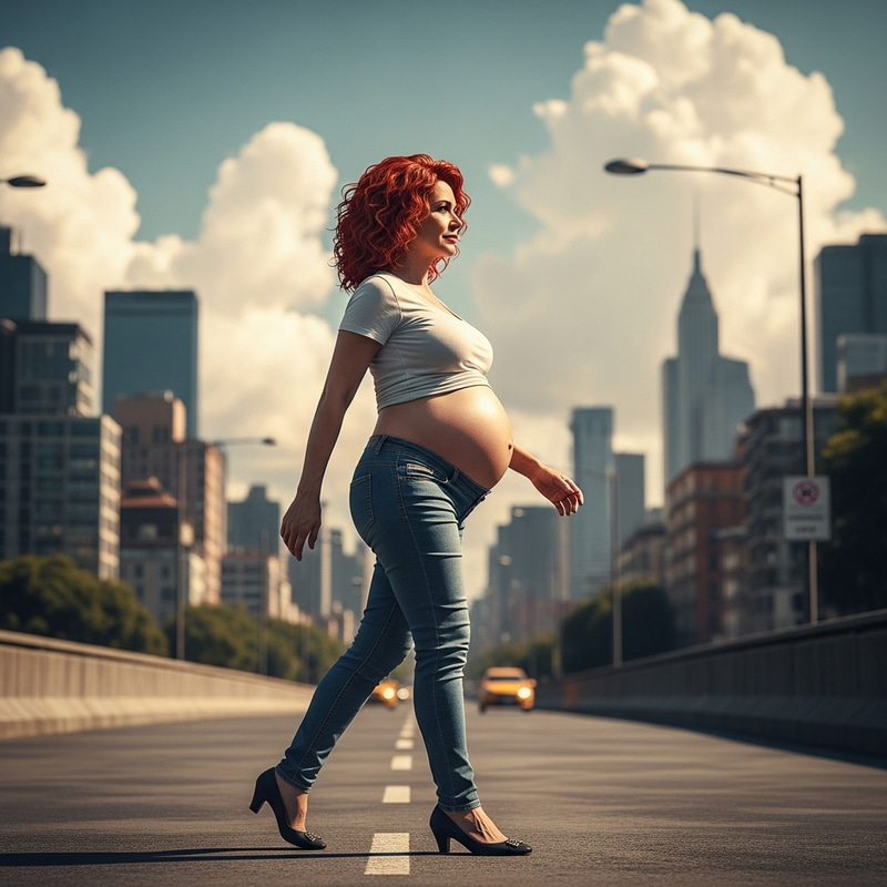 Confident Red-Haired Pregnant Woman Strutting in Urban Environment - Celebrating Diversity and Empowerment Confident Red-Haired Pregnant Woman Strutting in Urban Environment - Celebrating Diversity and Empowerment