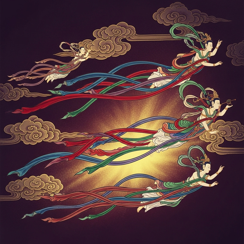 Dunhuang-Inspired Poster with Celestial Beings in Flight