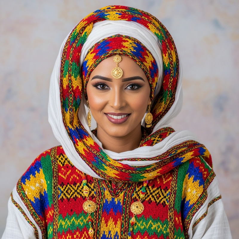 Eritrean Woman in Traditional Attire | Colorful Zar'i & Shash Eritrean Woman in Traditional Attire | Colorful Zar'i & Shash