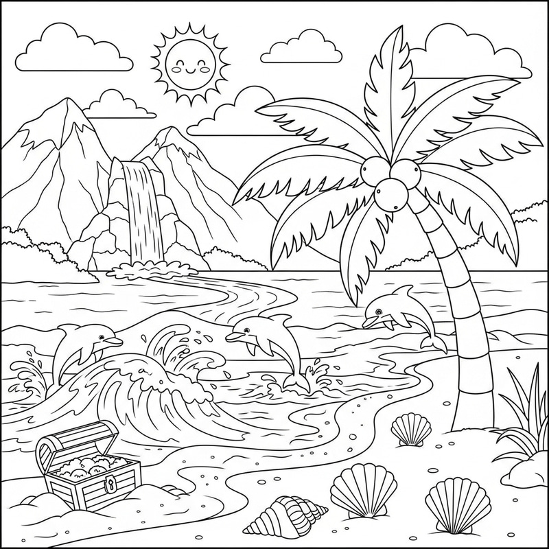 Children's Coloring Page: Vibrant Island Scene with Dolphins & Treasure