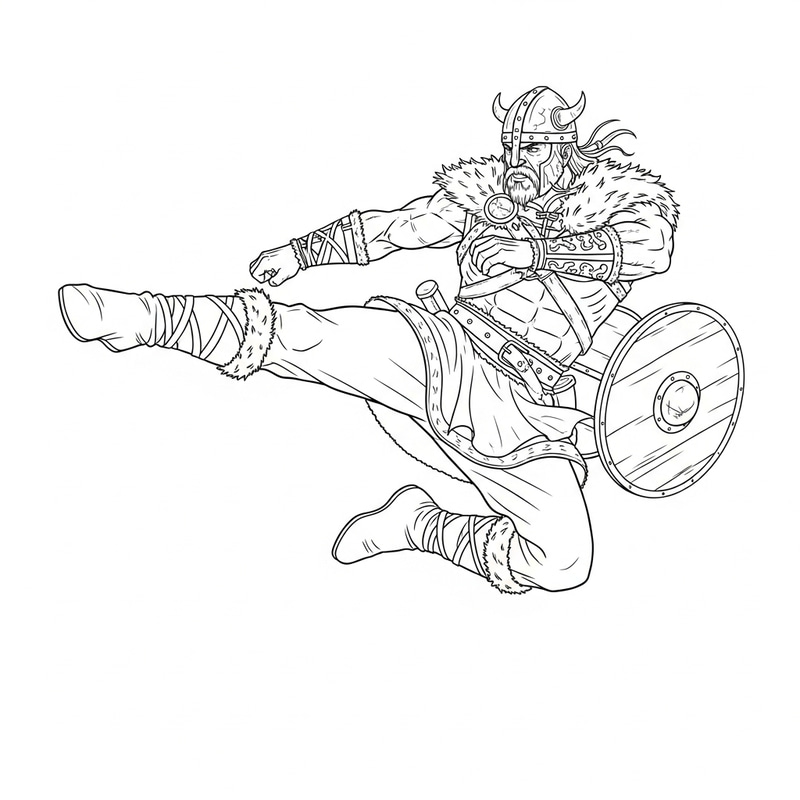 Dynamic Viking Flying Sidekick Drawing - Outline Style Dynamic Viking Flying Sidekick Drawing - Outline Style