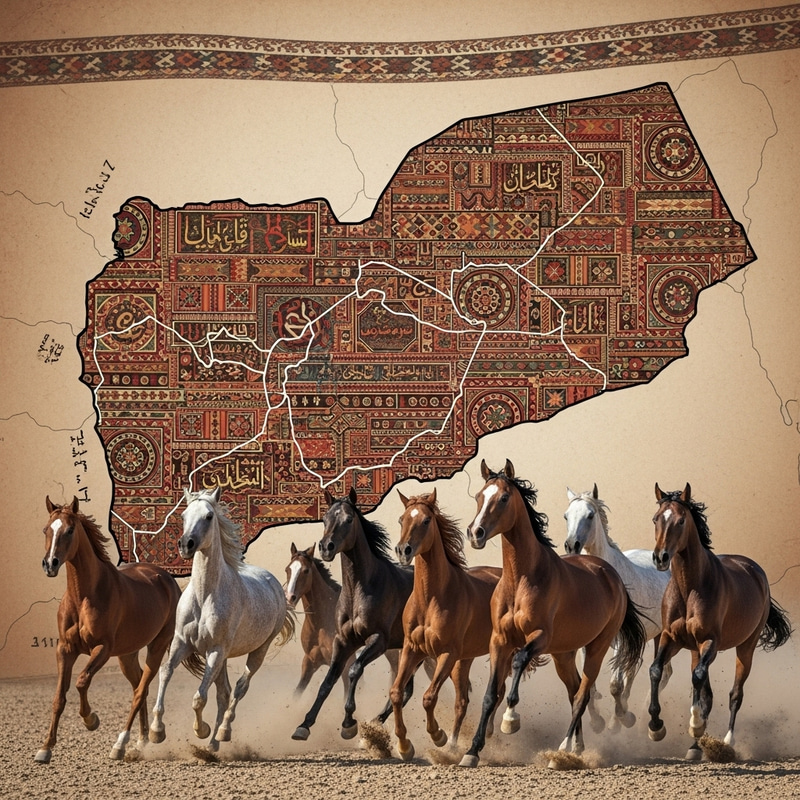 Majestic Horses in Yemen Map with Sadu Style Effect Majestic Horses in Yemen Map with Sadu Style Effect