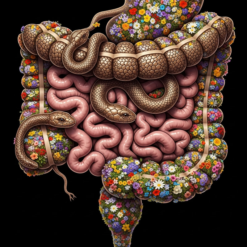 Whimsical Digestive System Art: Snake-like Small Intestine & Floral Large Intestine Whimsical Digestive System Art: Snake-like Small Intestine & Floral Large Intestine