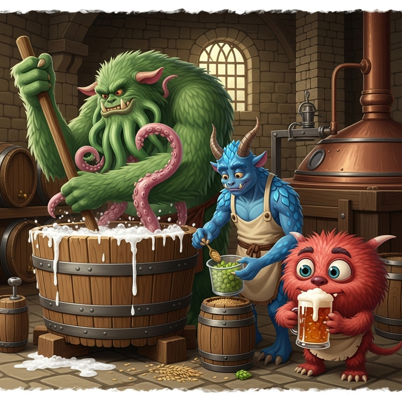Three Multicolored Monsters Brewing Beer Scene Three Multicolored Monsters Brewing Beer Scene