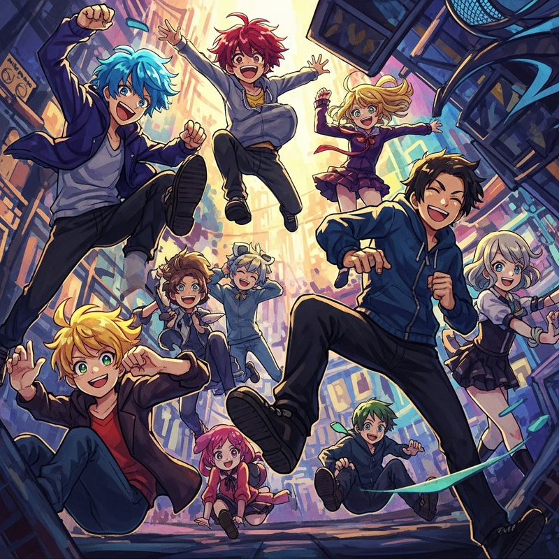 Vibrant Anime-Inspired Digital Art with Playful Expressions