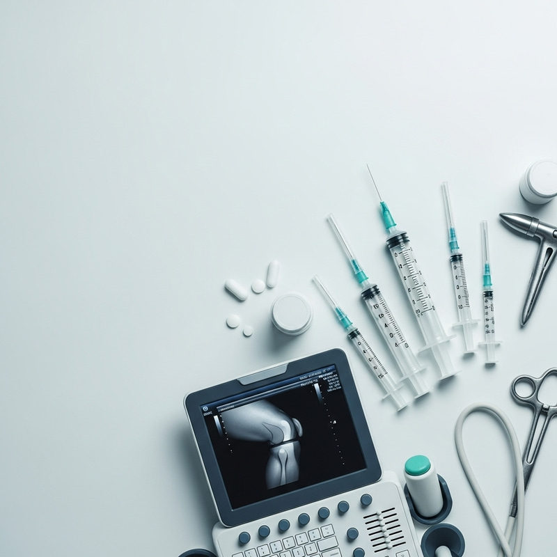 Minimalistic Sports Clinic Background with Syringes and Ultrasound Machine Minimalistic Sports Clinic Background with Syringes and Ultrasound Machine