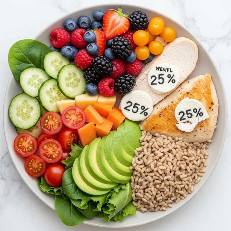 Healthy Eating Plate: 50% Fruits & Vegetables, 25% Lean Protein, 25% Whole Grains