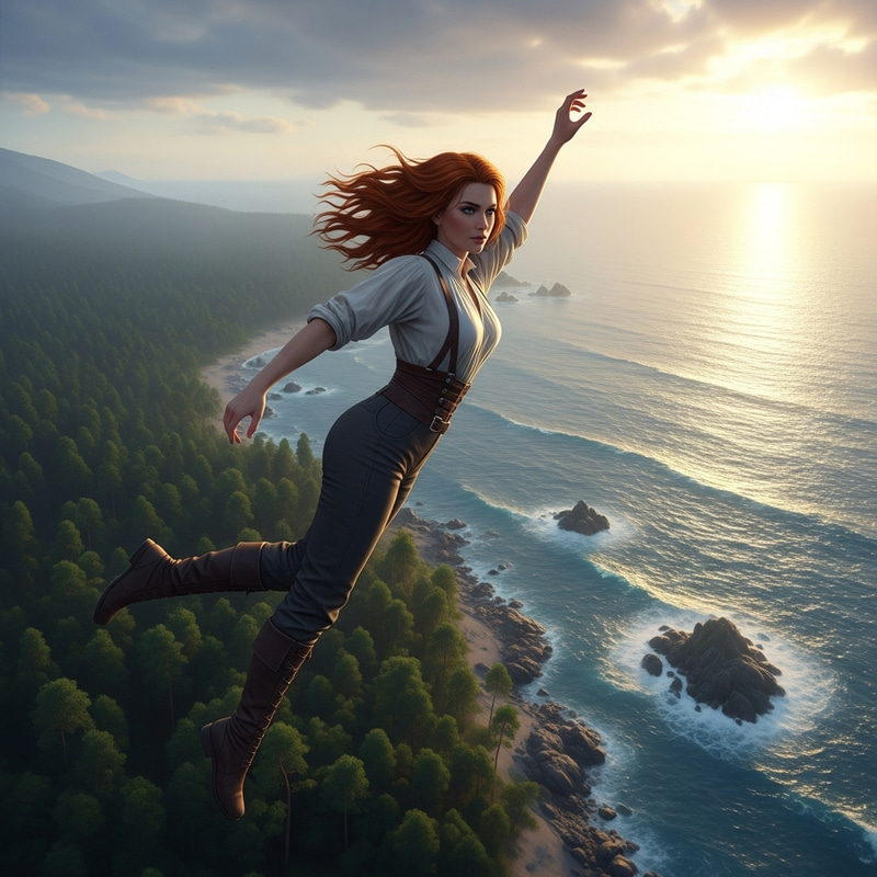 High-Flying Fantasy Illustration of Determined Woman in Epic Wilderness High-Flying Fantasy Illustration of Determined Woman in Epic Wilderness