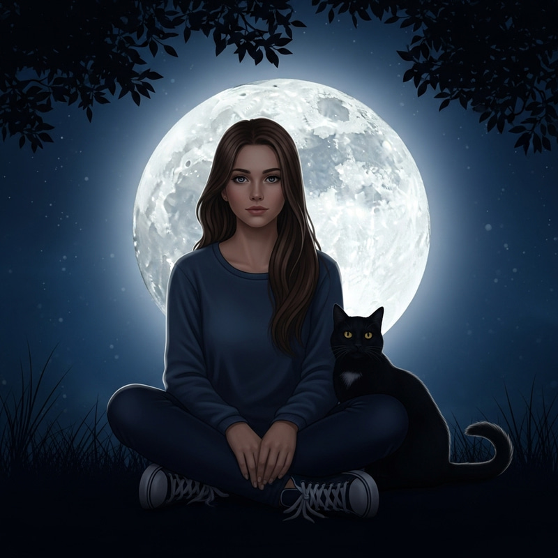 Tranquil Scene: Girl and Black Cat under Moonlight