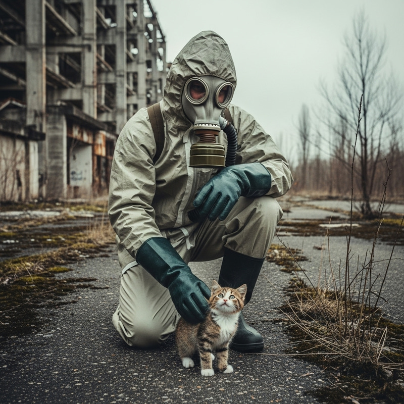 Chernobyl Man in Gas Mask Stroking Kitten Compassionately Chernobyl Man in Gas Mask Stroking Kitten Compassionately