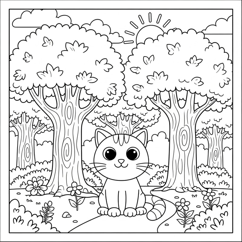 Black and White Cartoon Cat Coloring Page for Kids