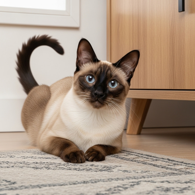 Siamese Cat Portrait in Cozy Living Room Siamese Cat Portrait in Cozy Living Room