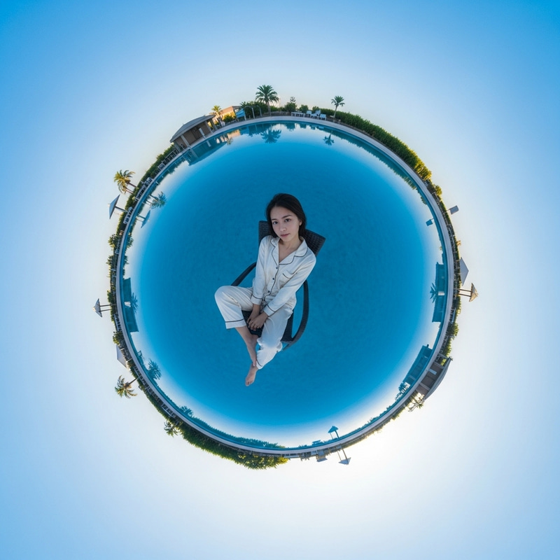 Capturing Tiny Planet Photography Technique with Beautiful Asian Woman by Pool Capturing Tiny Planet Photography Technique with Beautiful Asian Woman by Pool