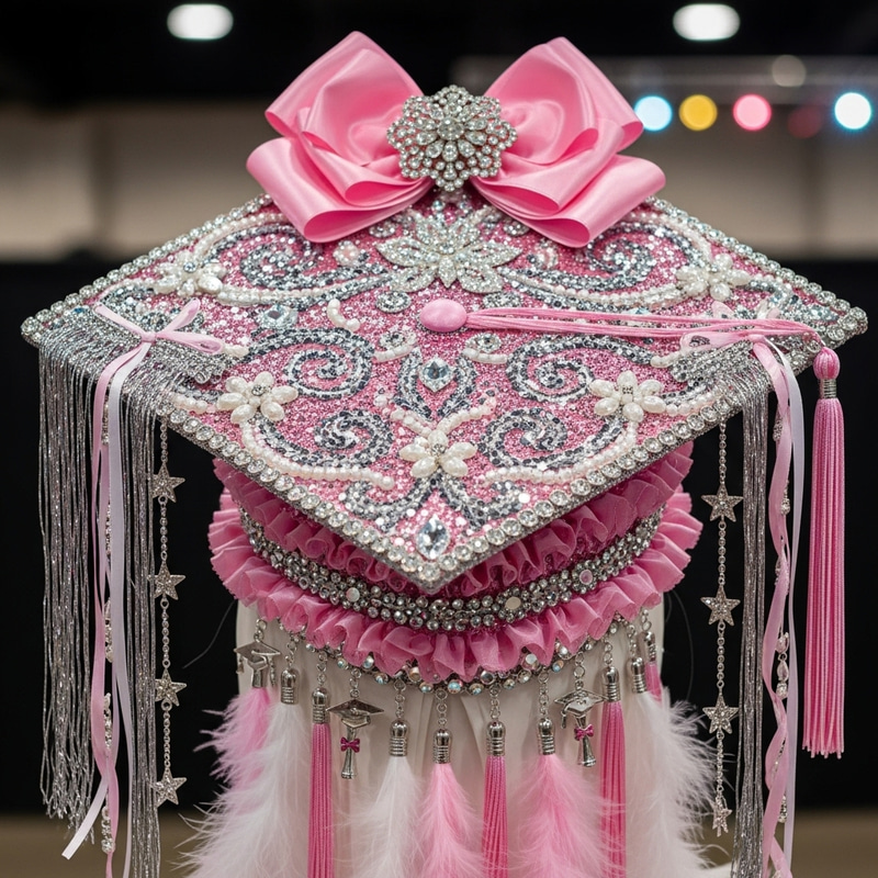 Eye-Catching Pink, Silver & White Decorated Graduation Cap Design