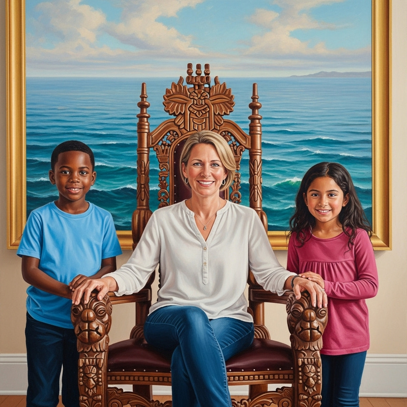 Realistic Family Portrait with Royal Chair and Ocean Painting Realistic Family Portrait with Royal Chair and Ocean Painting
