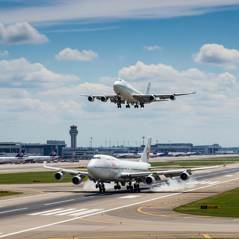Boeing 747 Landing at Bustling Airport - Captivating Scene Boeing 747 Landing at Bustling Airport - Captivating Scene
