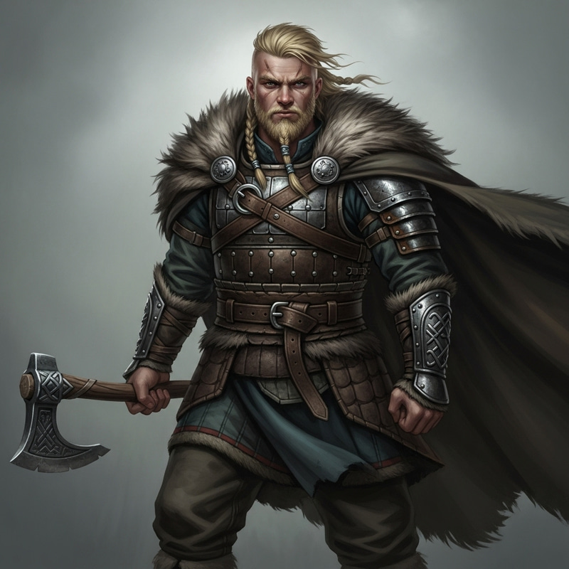 Blonde Viking Barbarian in Leather Armor with Greataxe Blonde Viking Barbarian in Leather Armor with Greataxe