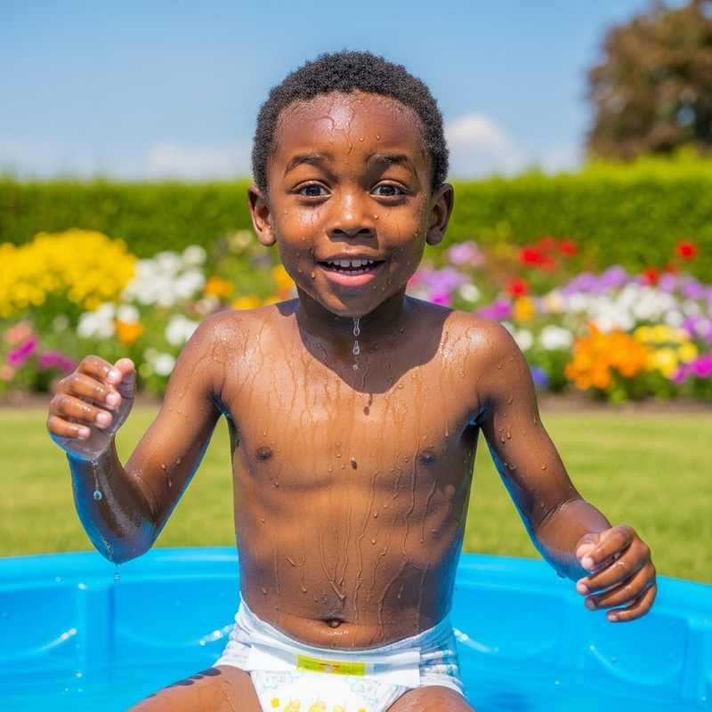 Joyful 8-Year-Old Boy Playing in Wet Pampers Diaper