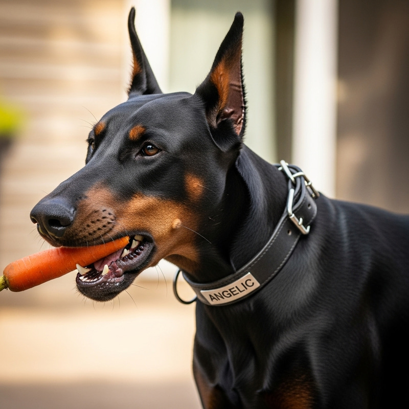 Angelic Black Doberman Eating Carrots - Enthusiastic Pup Angelic Black Doberman Eating Carrots - Enthusiastic Pup