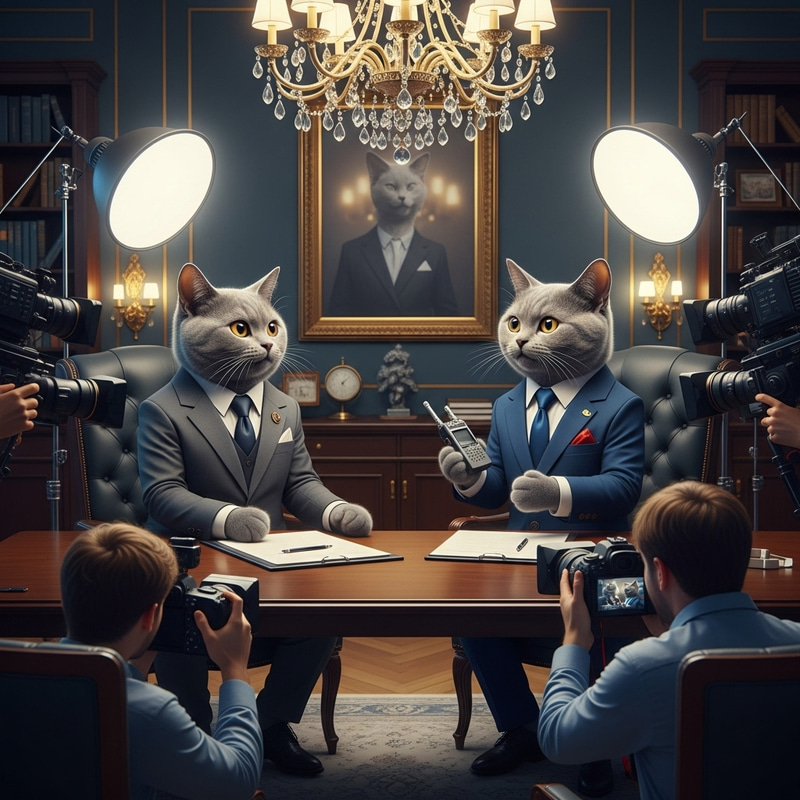 Professional Grey Cats in Classic Suits at Presidential Office