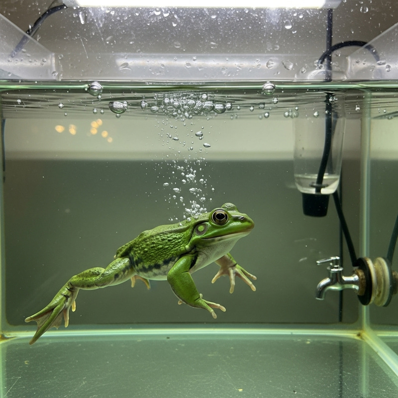 Serene Green Frog Swimming in Clear Water Tank