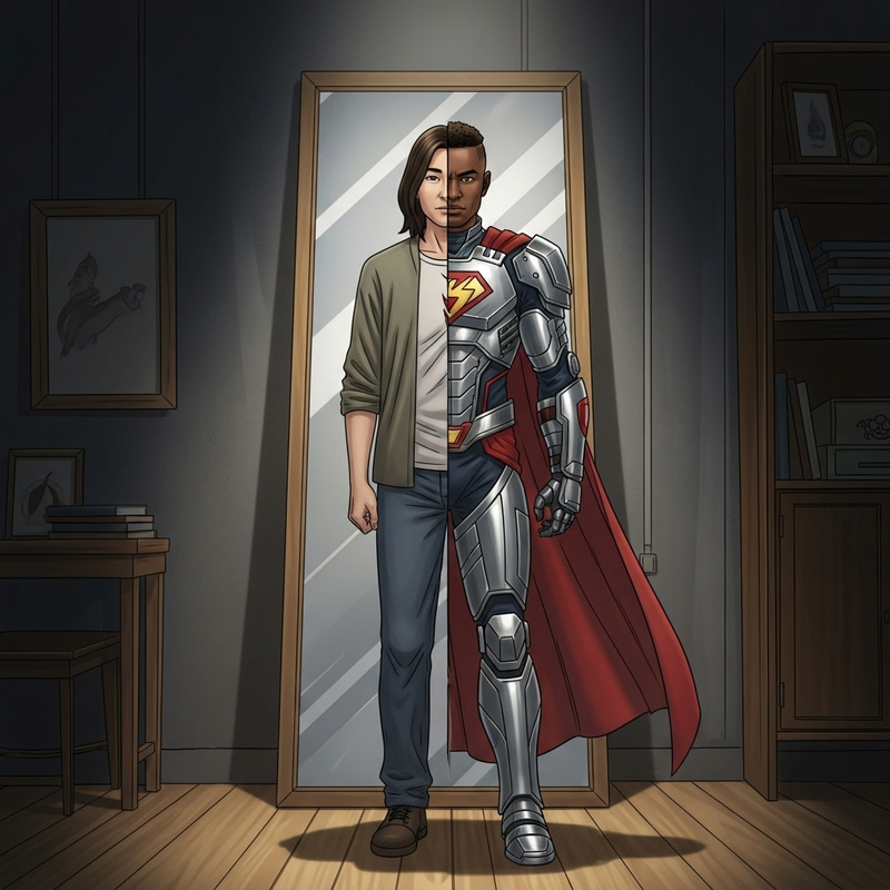 Secret Identity Superhero Illustration in Shadowy Room Secret Identity Superhero Illustration in Shadowy Room