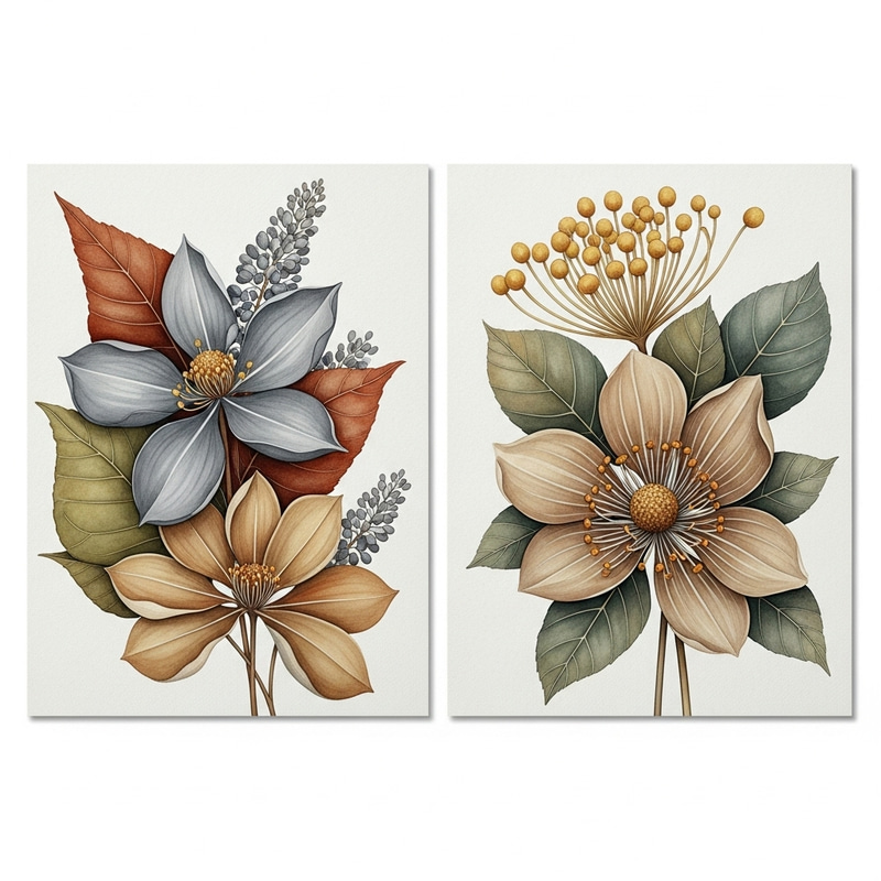 Tranquil Botanical Illustrations Diptych | Rustic Living Room Decor Tranquil Botanical Illustrations Diptych | Rustic Living Room Decor