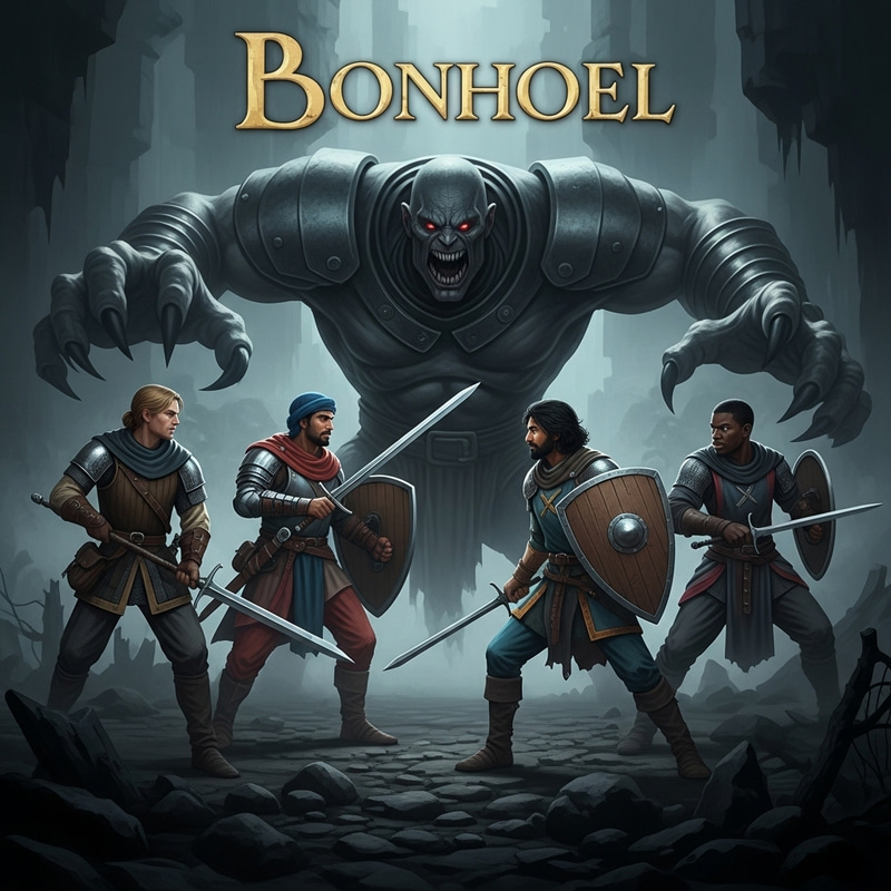 Medieval Fantasy Album Cover with Diverse Heroes and Menacing Villain Medieval Fantasy Album Cover with Diverse Heroes and Menacing Villain