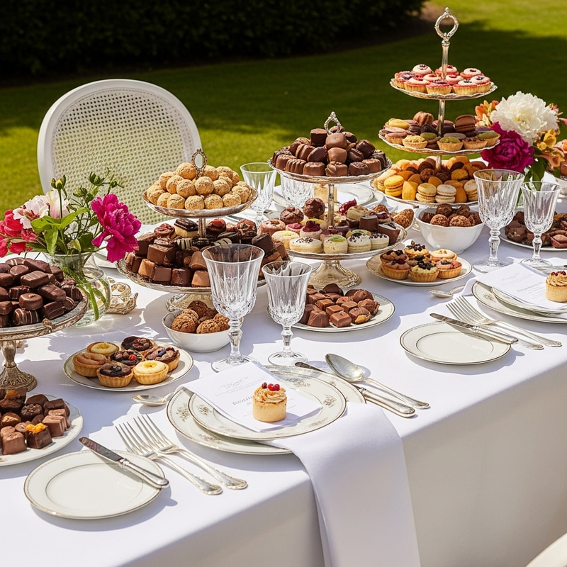 Decadent Chocolates & Sweets on an Elegant Outdoor Table Decadent Chocolates & Sweets on an Elegant Outdoor Table
