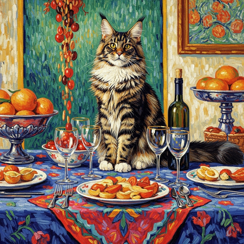 Playful MaineCoon Cat on Artistic Festive Table | Vibrant Scene Playful MaineCoon Cat on Artistic Festive Table | Vibrant Scene