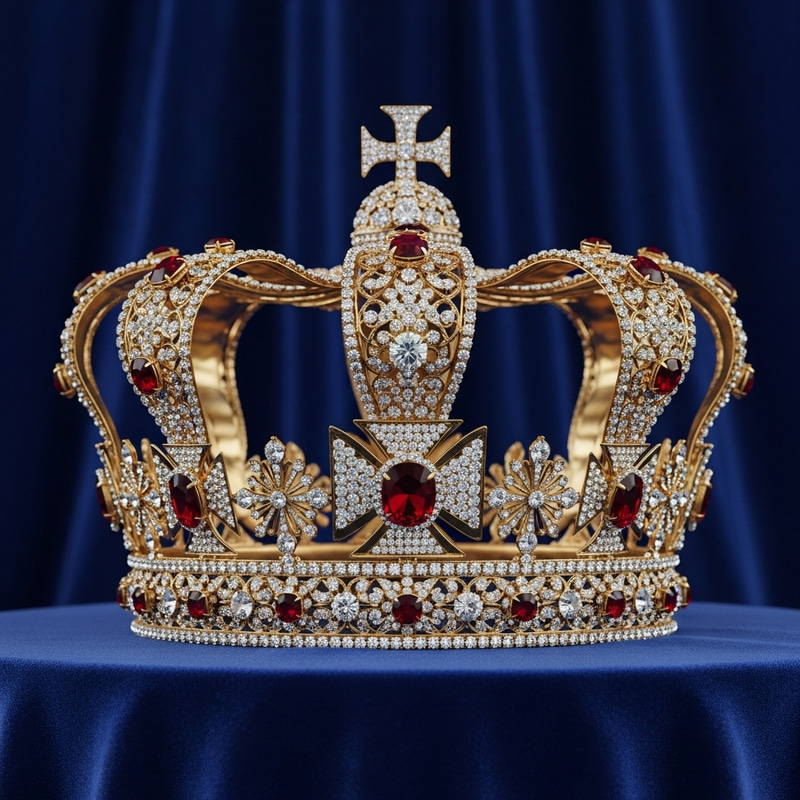 Dazzling Gold Crown with Diamonds and Rubies on Blue Velvet Dazzling Gold Crown with Diamonds and Rubies on Blue Velvet