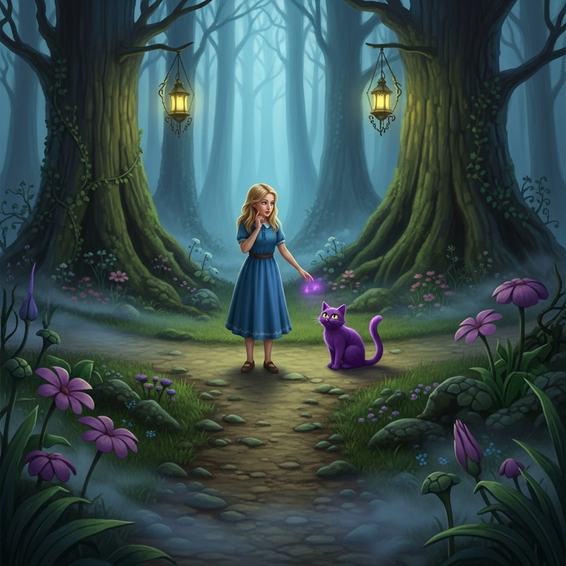 Blonde Girl at Crossroads in Enchantingly Mystical Forest with Purple Cat Blonde Girl at Crossroads in Enchantingly Mystical Forest with Purple Cat