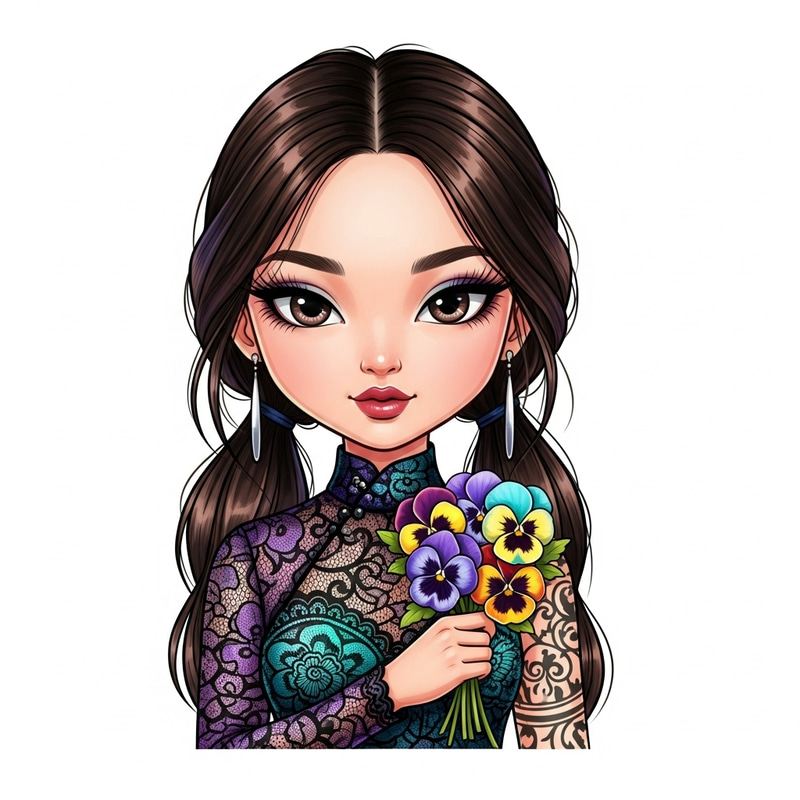 Iridescent Chibi Chinese Girl with Pansies Bouquet Sticker Portrait