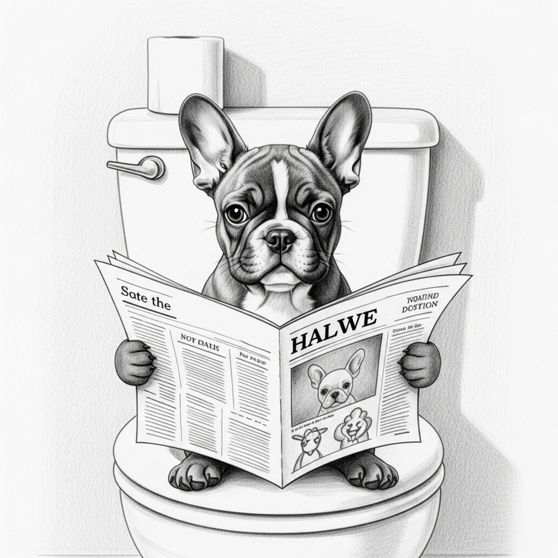Charming French Bulldog Puppy Sketch on Toilet with Newspaper Charming French Bulldog Puppy Sketch on Toilet with Newspaper
