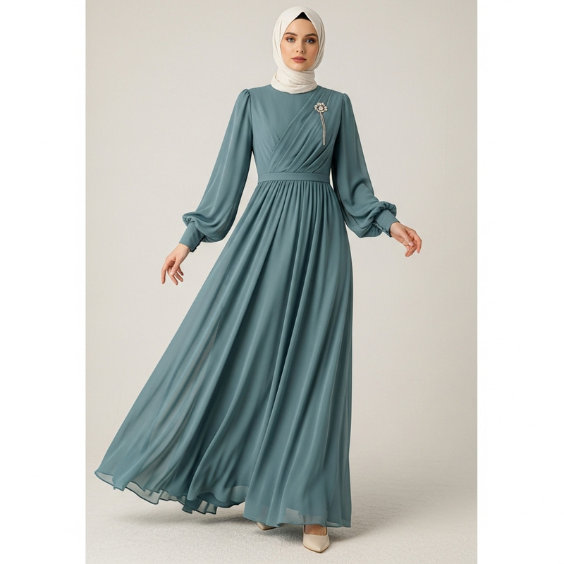 Elegant Blue-Green Chiffon Dress with Long Sleeves & Chic Accessory