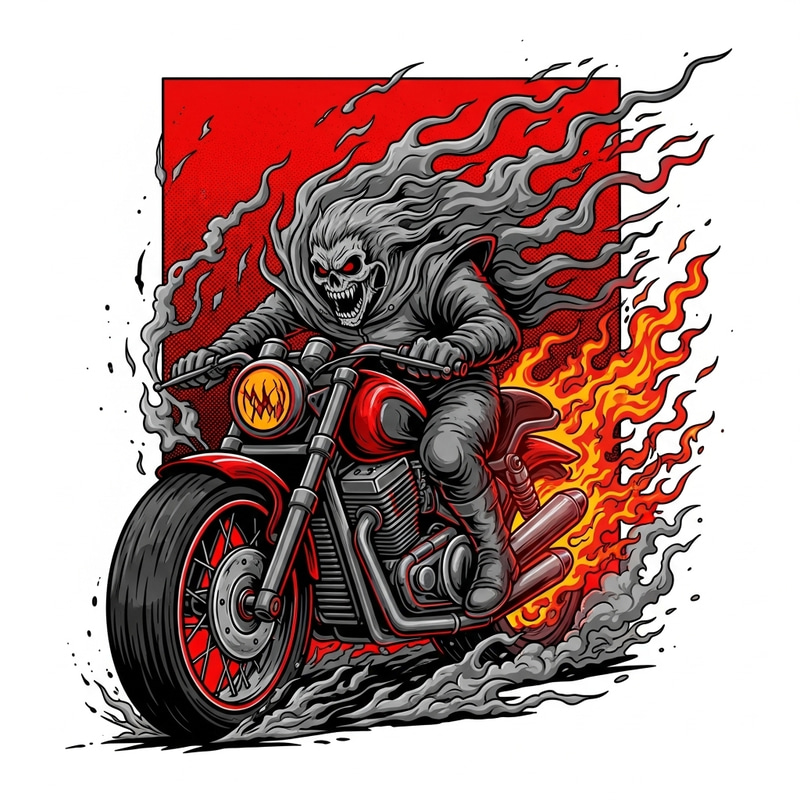 La Muerte: Gritty Spectral Motorcycle Art | Red & Black Comic Style La Muerte: Gritty Spectral Motorcycle Art | Red & Black Comic Style