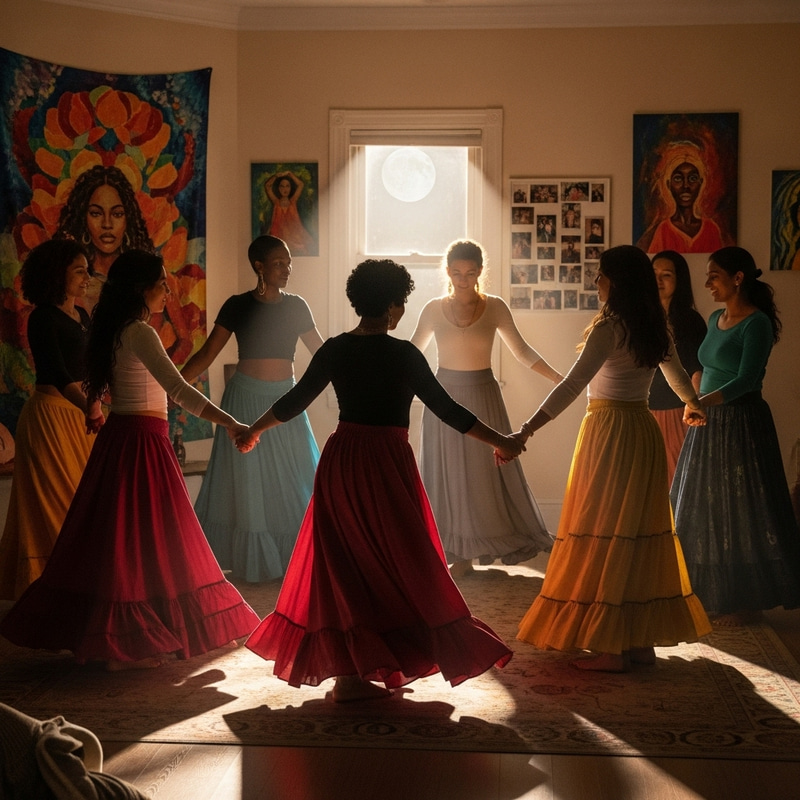 Empowering Women Dancing in Colorful Skirts | Unity & Joy in a Cozy Room Empowering Women Dancing in Colorful Skirts | Unity & Joy in a Cozy Room