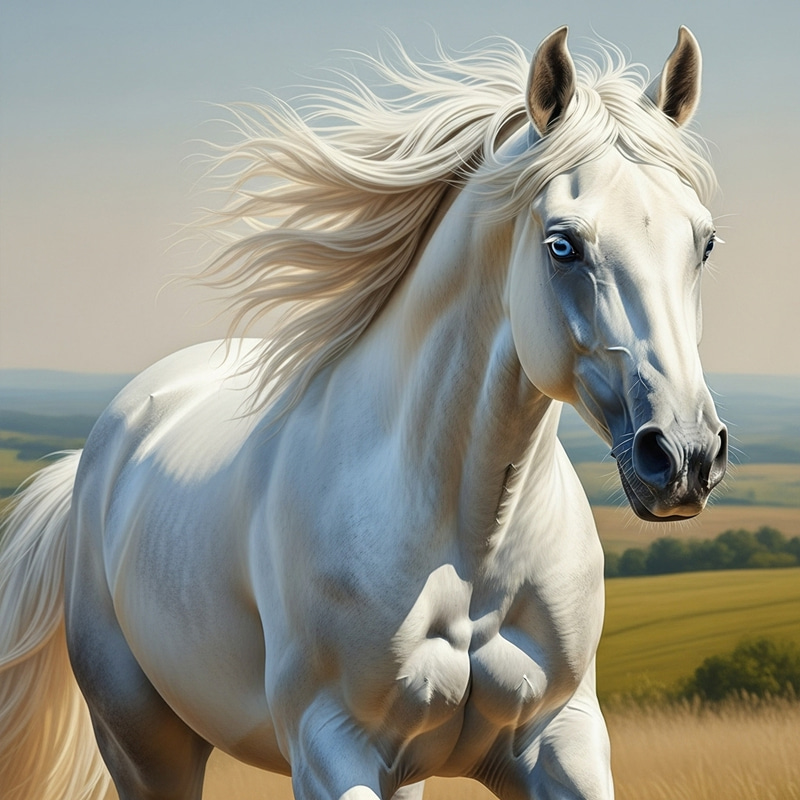 Majestic White Horse with Blue Eyes Running in Nature