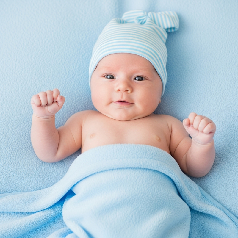 Innocent Baby on Soft Blue Blanket Innocent Baby on Soft Blue Blanket