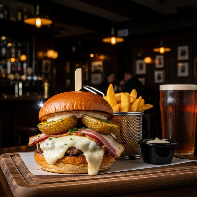 Savory Soft Burger with Mozzarella, Baked Potatoes, and Guanciale in Cozy Pub