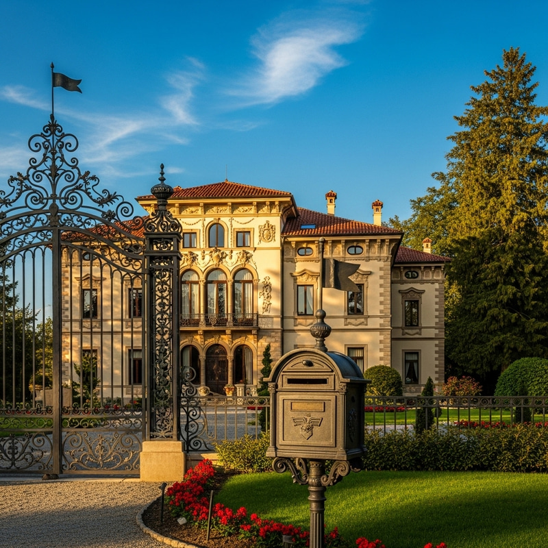 Luxurious Villa with Mailbox in Front of Blue Sky