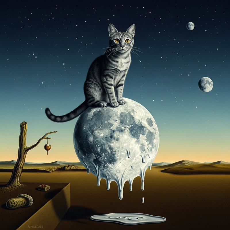 Surreal Cat on Moon inspired by Dali