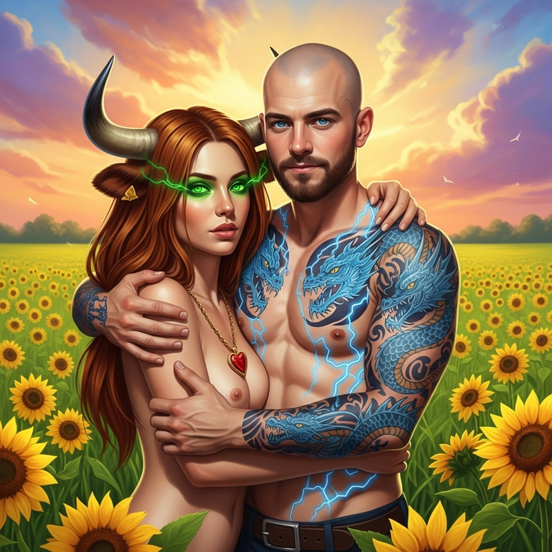 Surreal Art: Man Embracing Mythical Creature in Field Surreal Art: Man Embracing Mythical Creature in Field