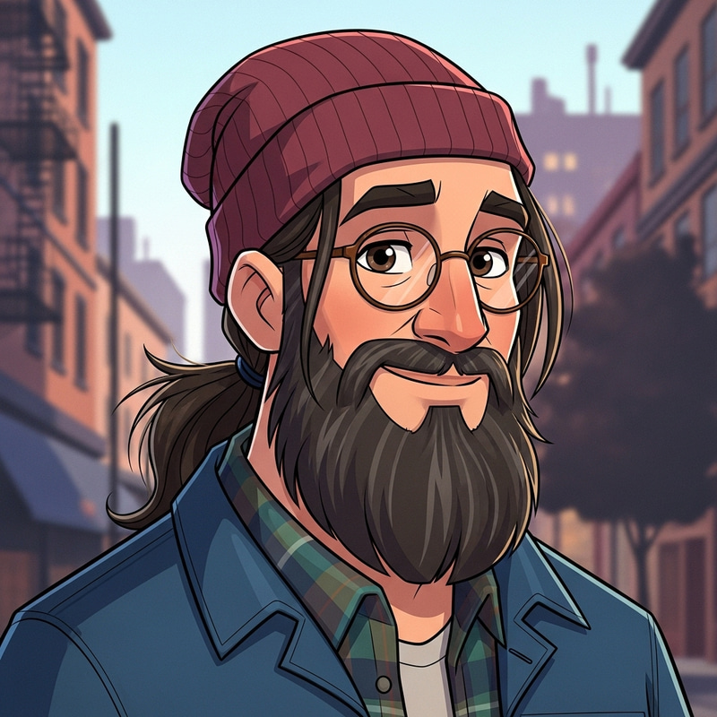 Cartoon Hipster Man with Grey and Brown Beard and Long Ponytail Hair Cartoon Hipster Man with Grey and Brown Beard and Long Ponytail Hair