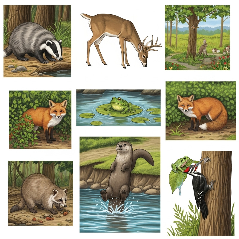 Enchanting Forest Scene with Diverse Wildlife Enchanting Forest Scene with Diverse Wildlife