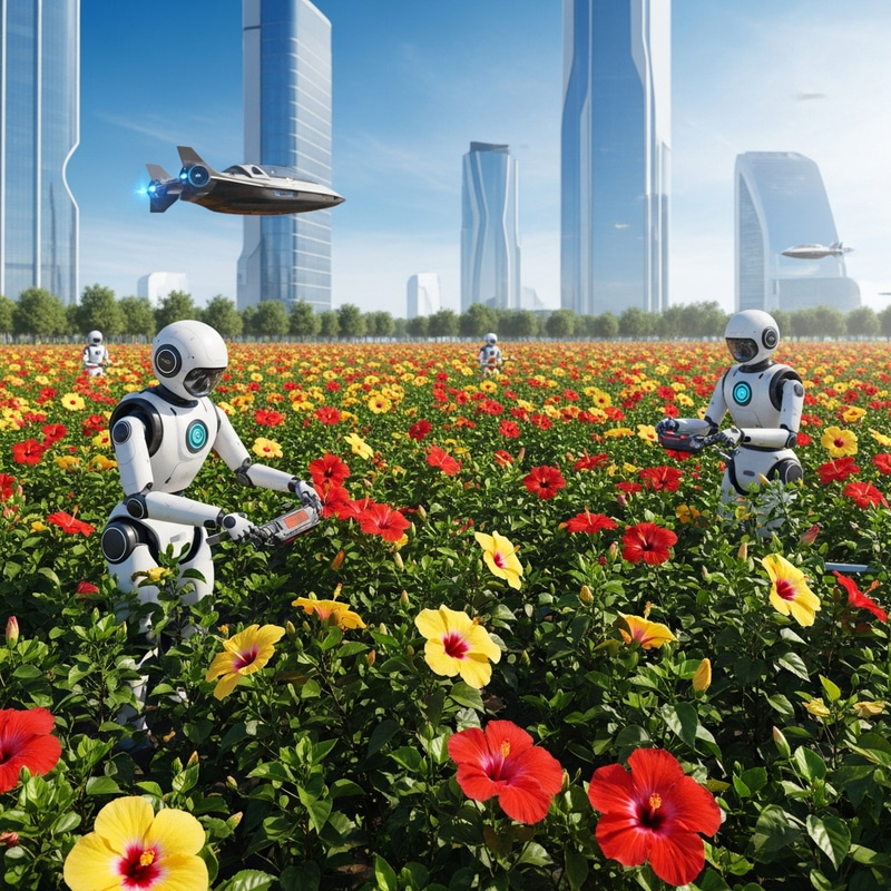 Futuristic Hibiscus Fields: Nature's Harmony with Technology Futuristic Hibiscus Fields: Nature's Harmony with Technology