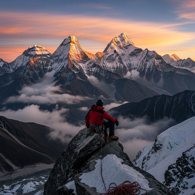 Breathtaking Mountain Panorama with Mountaineer on Rock Ledge