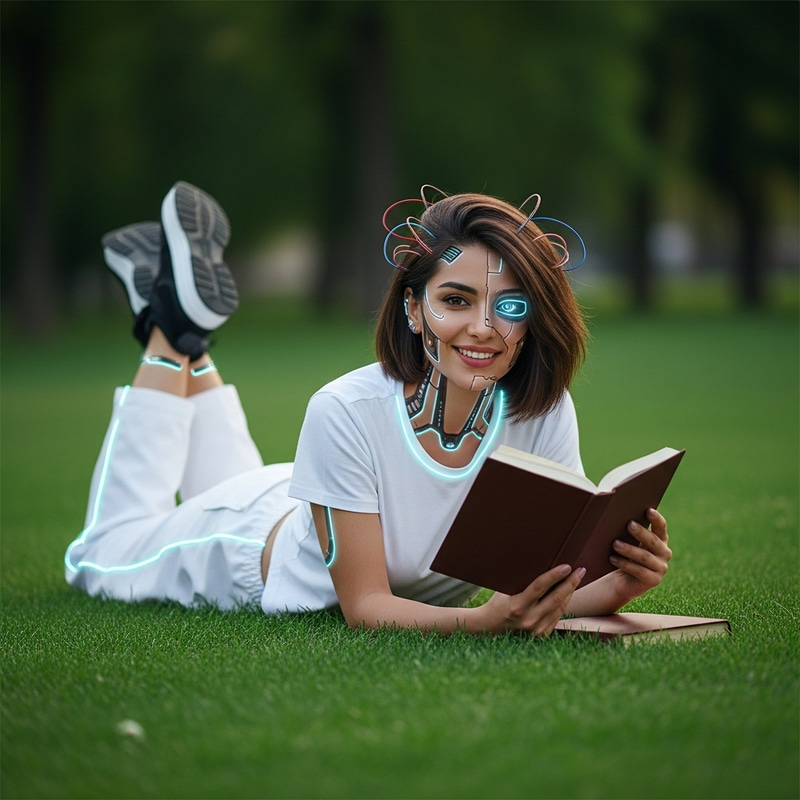 Futuristic Middle-Eastern Woman Reading Book in Park at Dawn